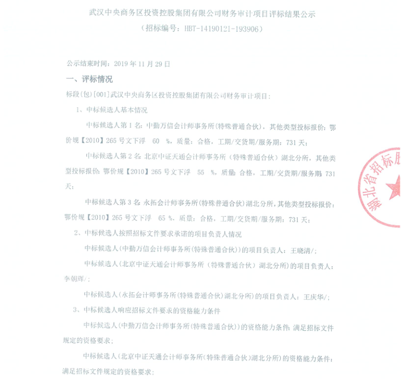 武漢中央商務(wù)區(qū)投資控股集團有限公司財務(wù)審計項目評標結(jié)果公示